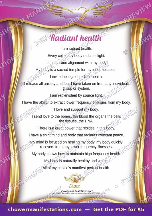 Radiant Health Affirmation PDF — waterproof shower affirmation poster Australia